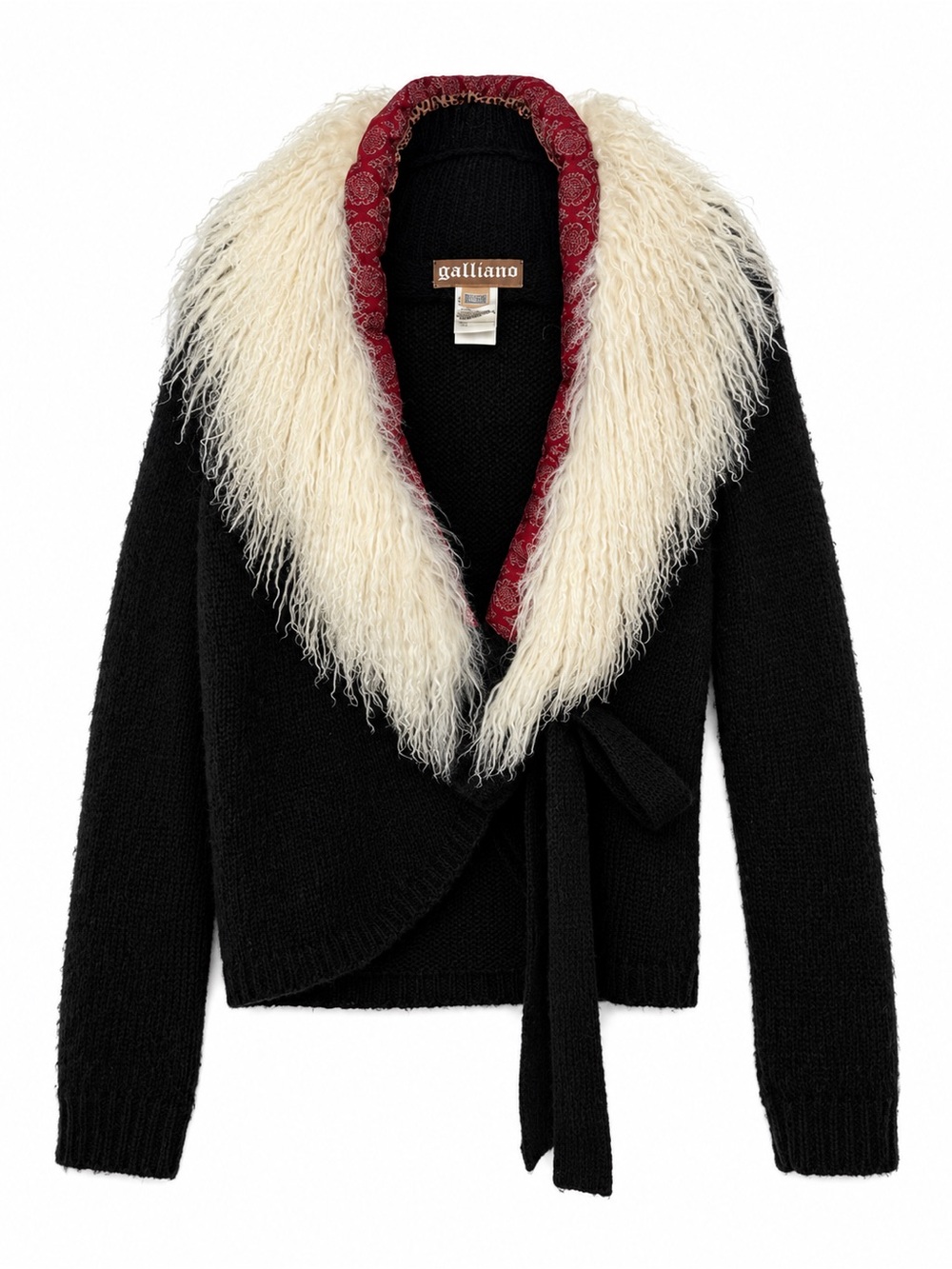 Galliano Black Mohair Wool Jacket Mongolian Lamb Fur Collar Side Tie